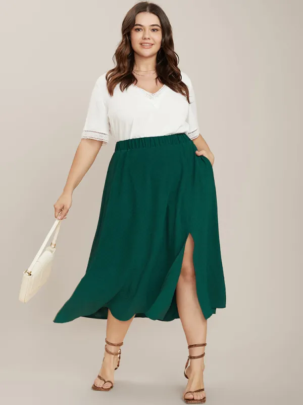 Plain Textured Elastic Waist Pocket Split Hem Skirt sold by Bloomchic
