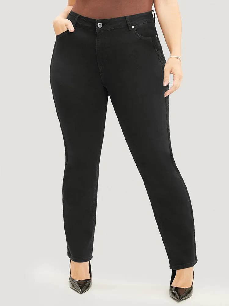 Slightly Stretchy High Rise Black Wash Lace Insert Jeans sold by Bloomchic product image thumbnail 2