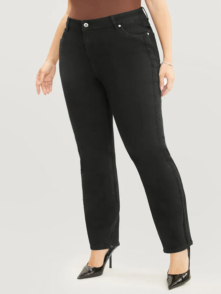 Slightly Stretchy High Rise Black Wash Lace Insert Jeans sold by Bloomchic