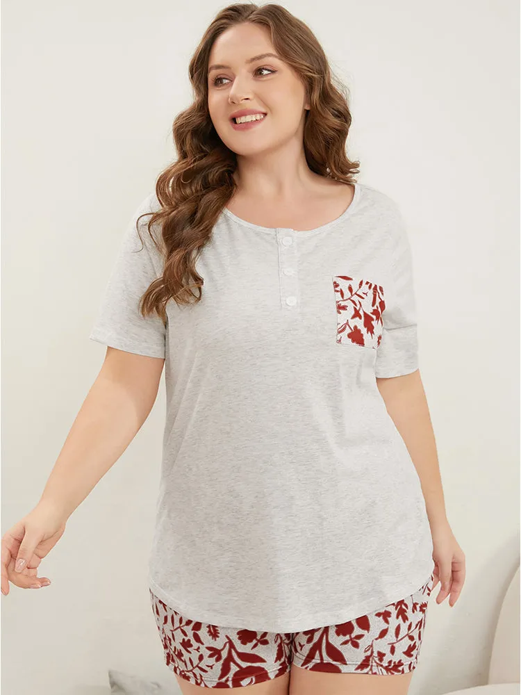 Plant Print Button Up Pocket Round Neck Sleep Top sold by Bloomchic product image thumbnail 3