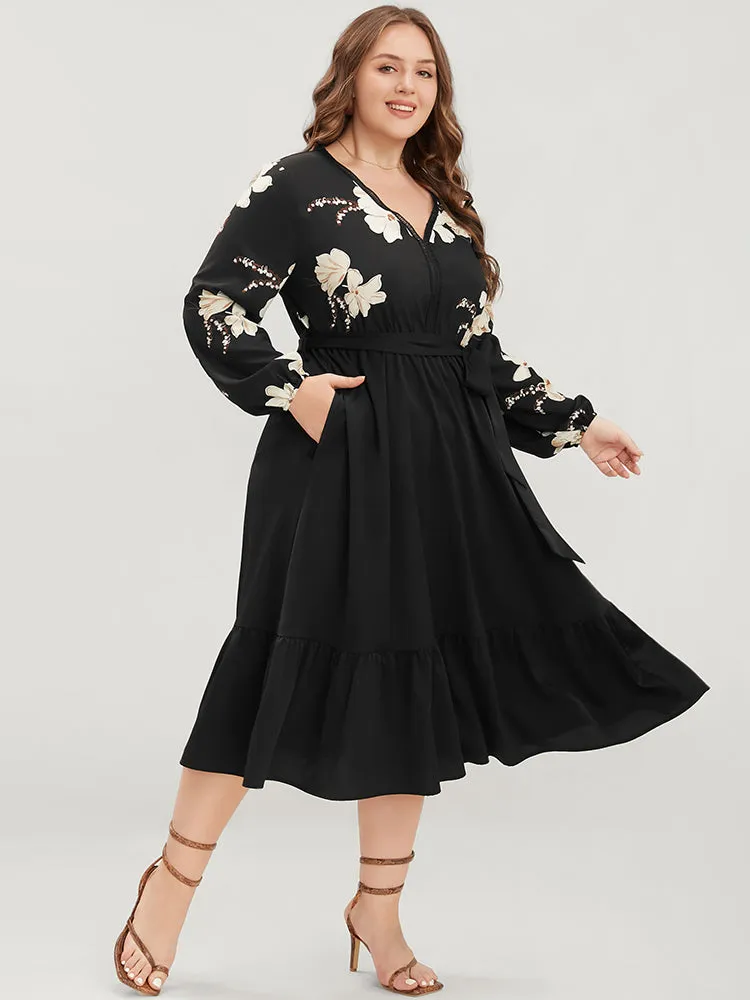 Floral Pocket Broderie Anglaise Lantern Sleeve Belted Flutter Dress sold by Bloomchic product image thumbnail 3