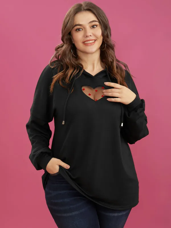 Heart Print Mesh Patchwork Drawstring Hooded Sweatshirt sold by Bloomchic