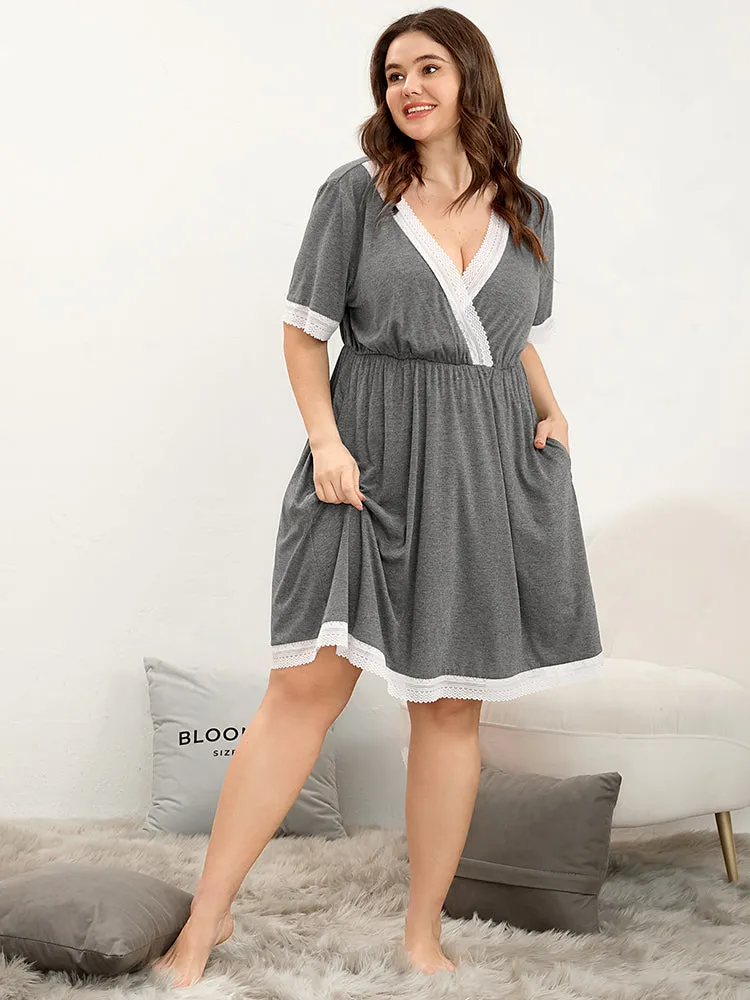 Contrast Trim Lace Pocket Surplice Neck Night Dress sold by Bloomchic product image thumbnail 2