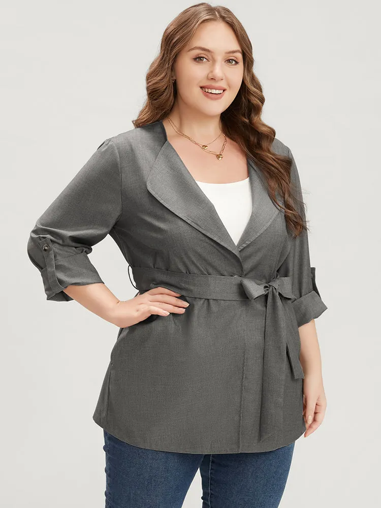 Plain Lapel Collar Pocket Roll Sleeve Belted Coat sold by Bloomchic