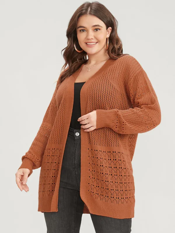 Plain Pointelle Knit Open Front Asymmetrical Cut Out Cardigan sold by Bloomchic