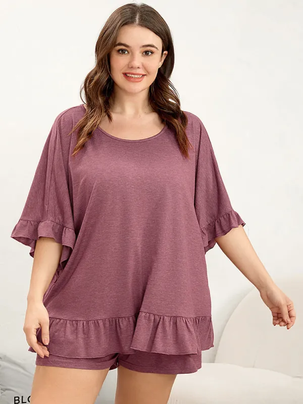 Plain Round Neck Ruffle Trim Sleep Top sold by Bloomchic