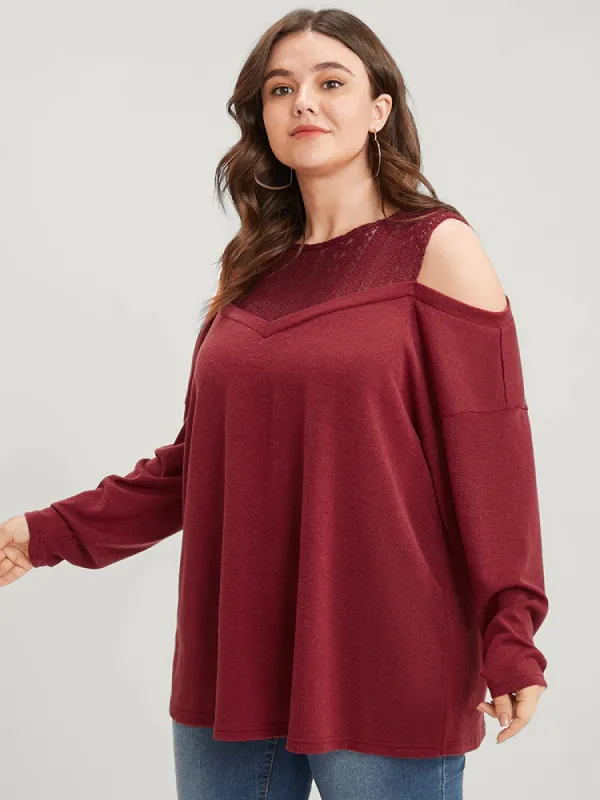 Solid Lace Mesh Cold Shoulder Sweatshirt sold by Bloomchic