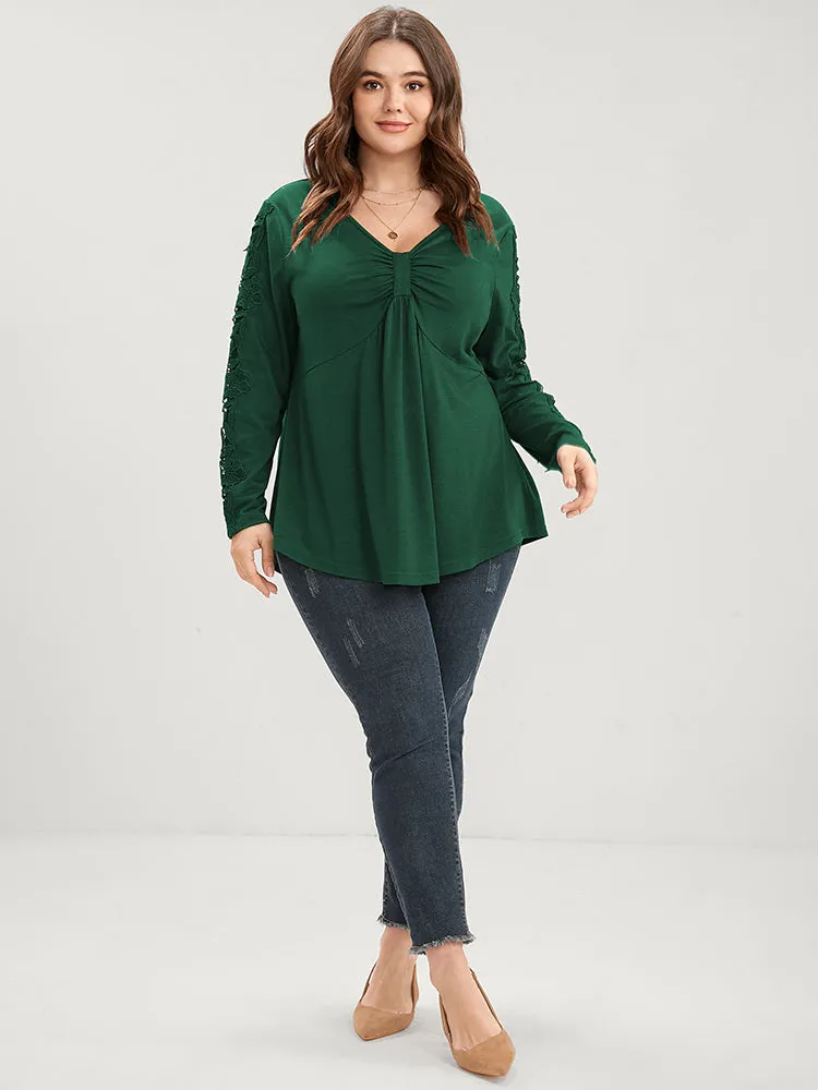 Solid V Neck Ruched Embroidered Arc Hem Long Tee sold by Bloomchic product image thumbnail 4
