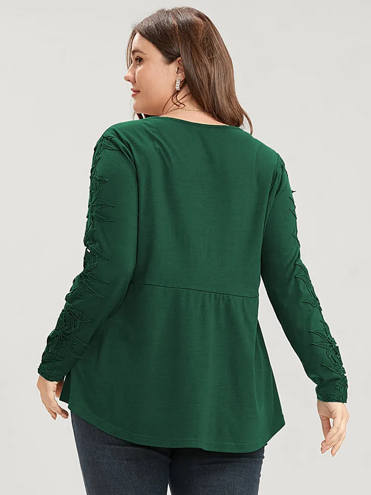 Solid V Neck Ruched Embroidered Arc Hem Long Tee sold by Bloomchic product image thumbnail 5