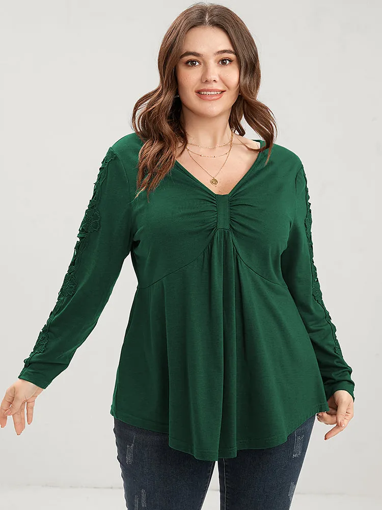 Solid V Neck Ruched Embroidered Arc Hem Long Tee sold by Bloomchic product image thumbnail 2
