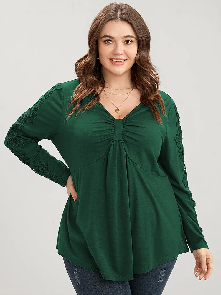 Solid V Neck Ruched Embroidered Arc Hem Long Tee sold by Bloomchic product image thumbnail 3