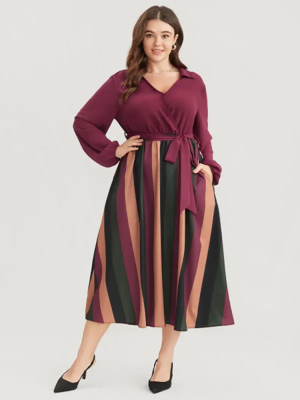 Solid Patchwork Wrap Pocket Lantern Sleeve Belted Striped Dress sold by Bloomchic