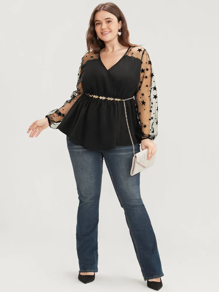 Star Mesh Patchwork Wrap Ruffle Hem Blouse sold by Bloomchic product image thumbnail 4