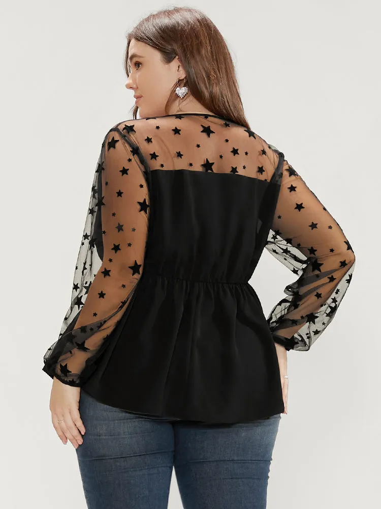 Star Mesh Patchwork Wrap Ruffle Hem Blouse sold by Bloomchic product image thumbnail 5