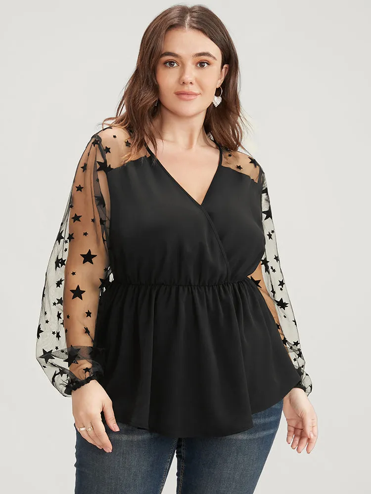 Star Mesh Patchwork Wrap Ruffle Hem Blouse sold by Bloomchic product image thumbnail 2