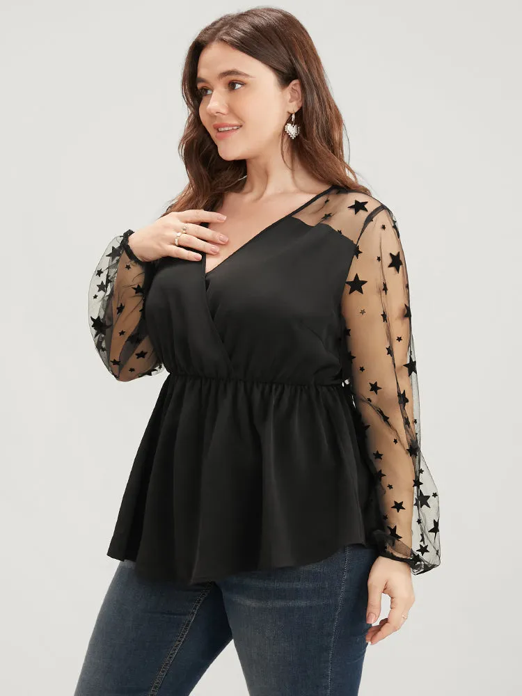 Star Mesh Patchwork Wrap Ruffle Hem Blouse sold by Bloomchic product image thumbnail 3
