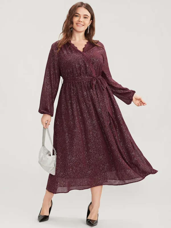 Polka Dot Wrap Lace Trim Lantern Sleeve Pocket Belted Dress sold by Bloomchic