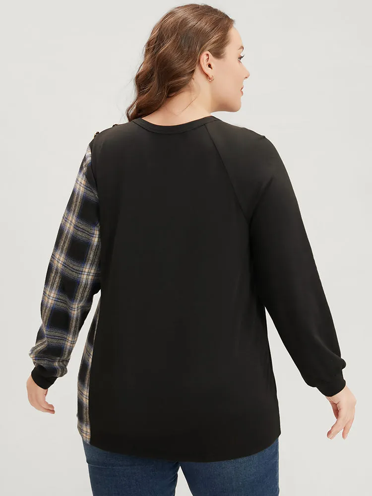 Tartan Patchwork Button Detail Round Neck Sweatshirt sold by Bloomchic product image thumbnail 5
