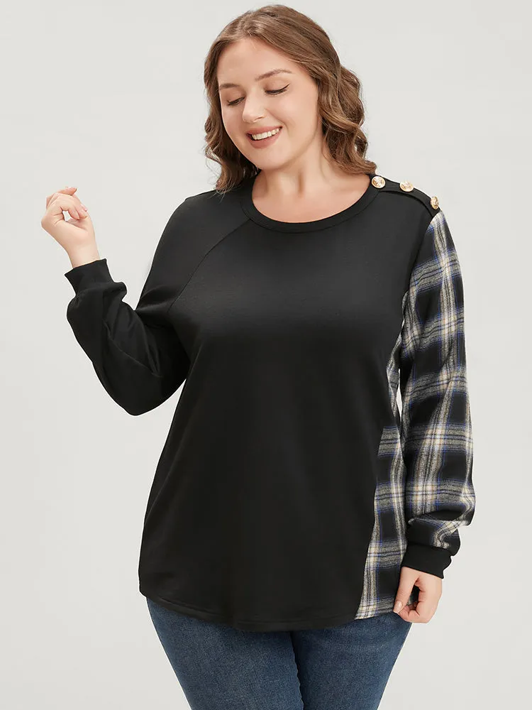 Tartan Patchwork Button Detail Round Neck Sweatshirt sold by Bloomchic product image thumbnail 3