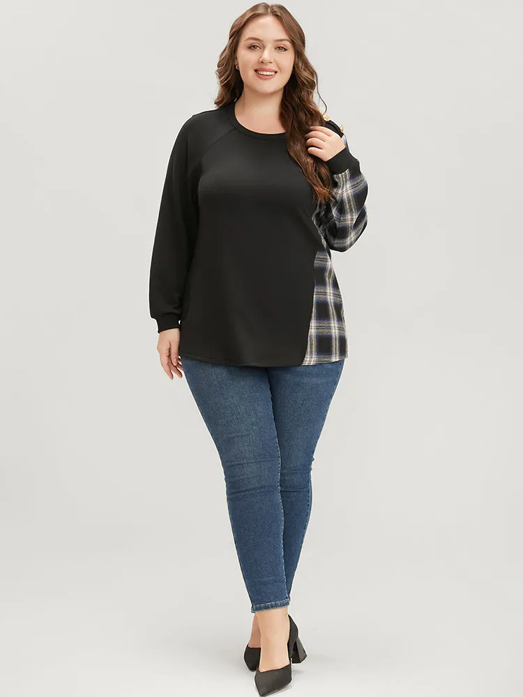 Tartan Patchwork Button Detail Round Neck Sweatshirt sold by Bloomchic product image thumbnail 4