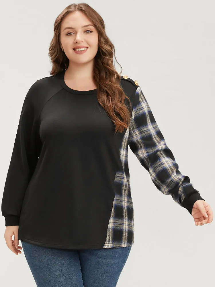 Tartan Patchwork Button Detail Round Neck Sweatshirt sold by Bloomchic
