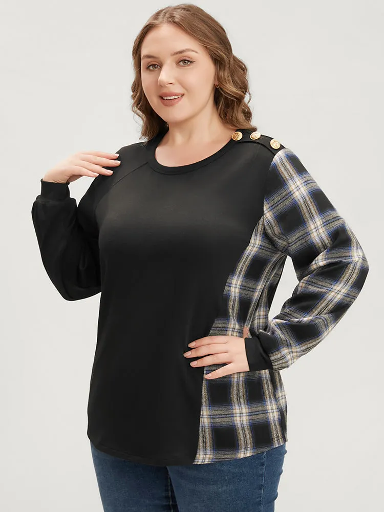 Tartan Patchwork Button Detail Round Neck Sweatshirt sold by Bloomchic product image thumbnail 2