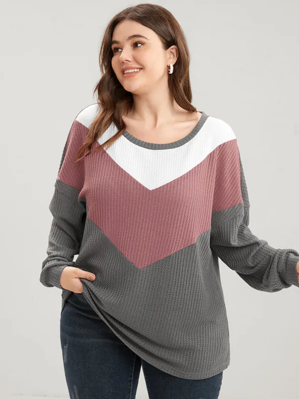 Colorblock Contrast Crew Neck Waffle Knit Sweatshirt sold by Bloomchic
