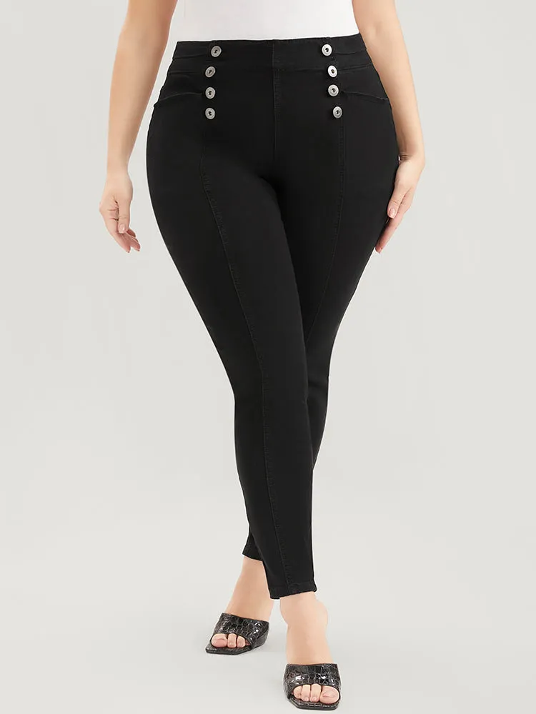 Skinny Slightly Stretchy High Rise Black Wash Button Detail Pocket Jeans sold by Bloomchic product image thumbnail 5