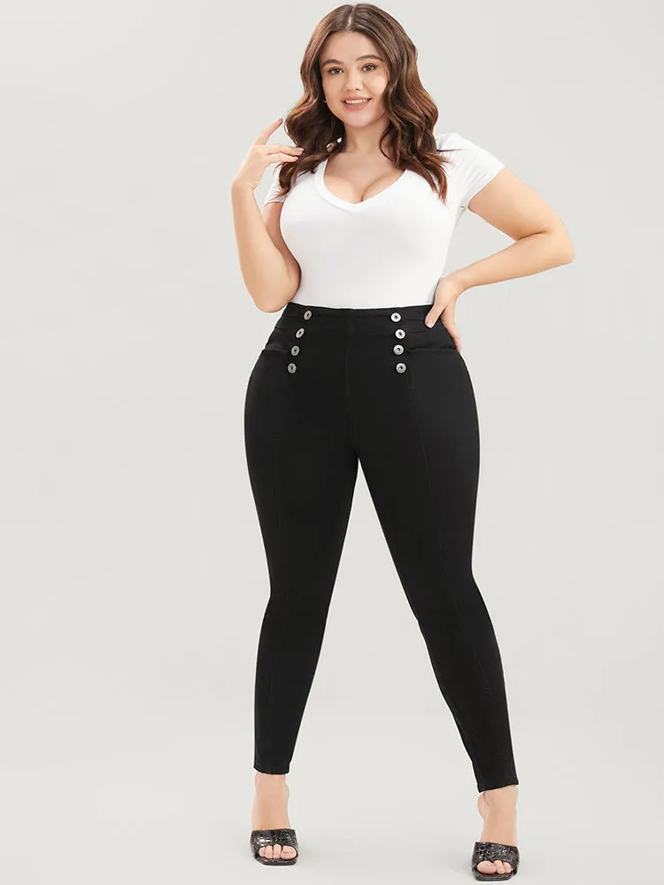 Skinny Slightly Stretchy High Rise Black Wash Button Detail Pocket Jeans sold by Bloomchic product image thumbnail 2