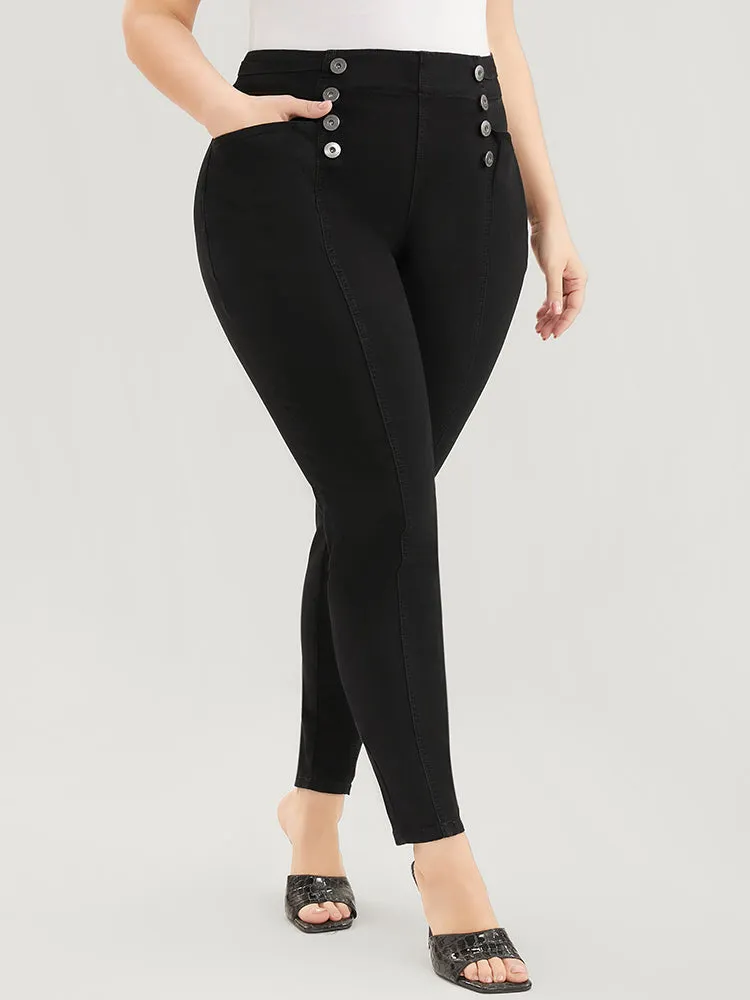 Skinny Slightly Stretchy High Rise Black Wash Button Detail Pocket Jeans sold by Bloomchic product image thumbnail 3