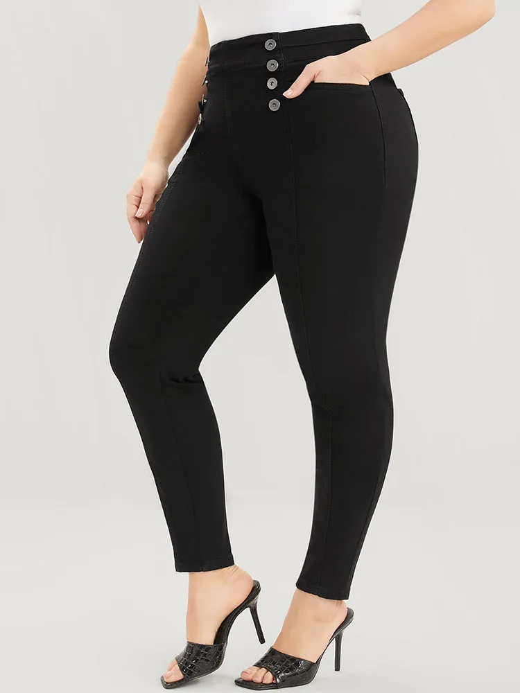 Skinny Slightly Stretchy High Rise Black Wash Button Detail Pocket Jeans sold by Bloomchic product image thumbnail 4