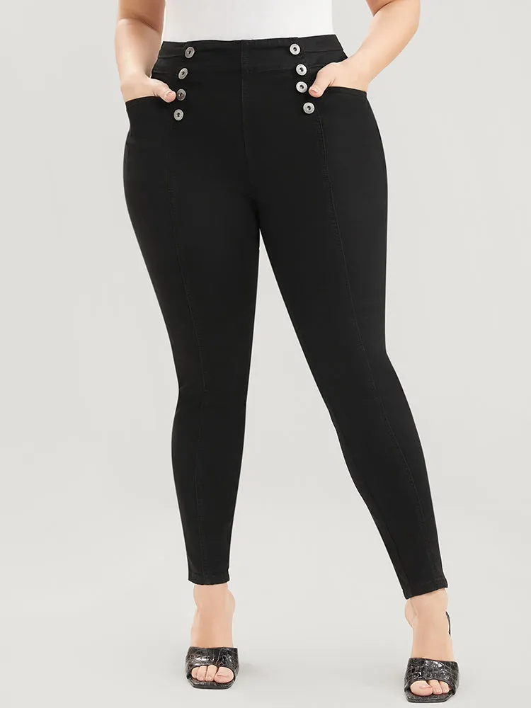 Skinny Slightly Stretchy High Rise Black Wash Button Detail Pocket Jeans sold by Bloomchic