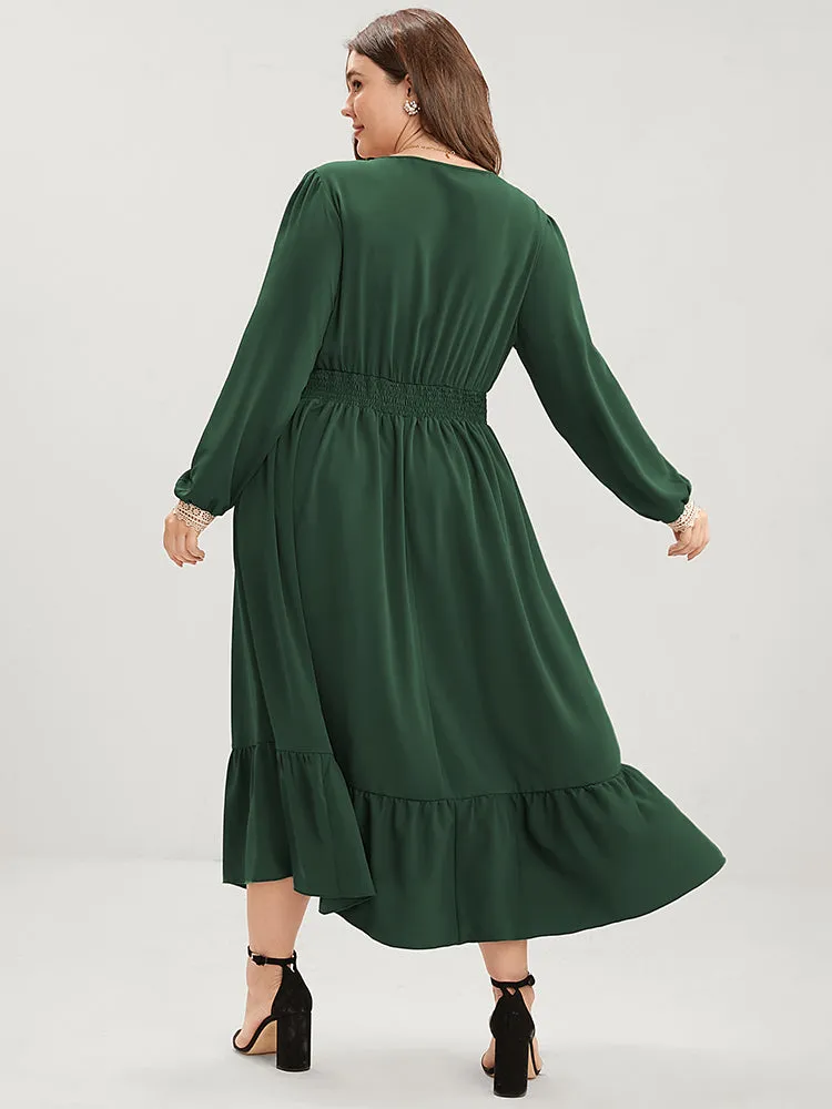 Solid Lantern Sleeve Shirred Pocket Lace Trim Ruffle Hem Dress sold by Bloomchic product image thumbnail 4