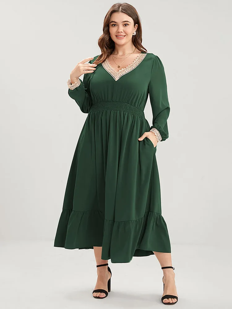 Solid Lantern Sleeve Shirred Pocket Lace Trim Ruffle Hem Dress sold by Bloomchic product image thumbnail 2