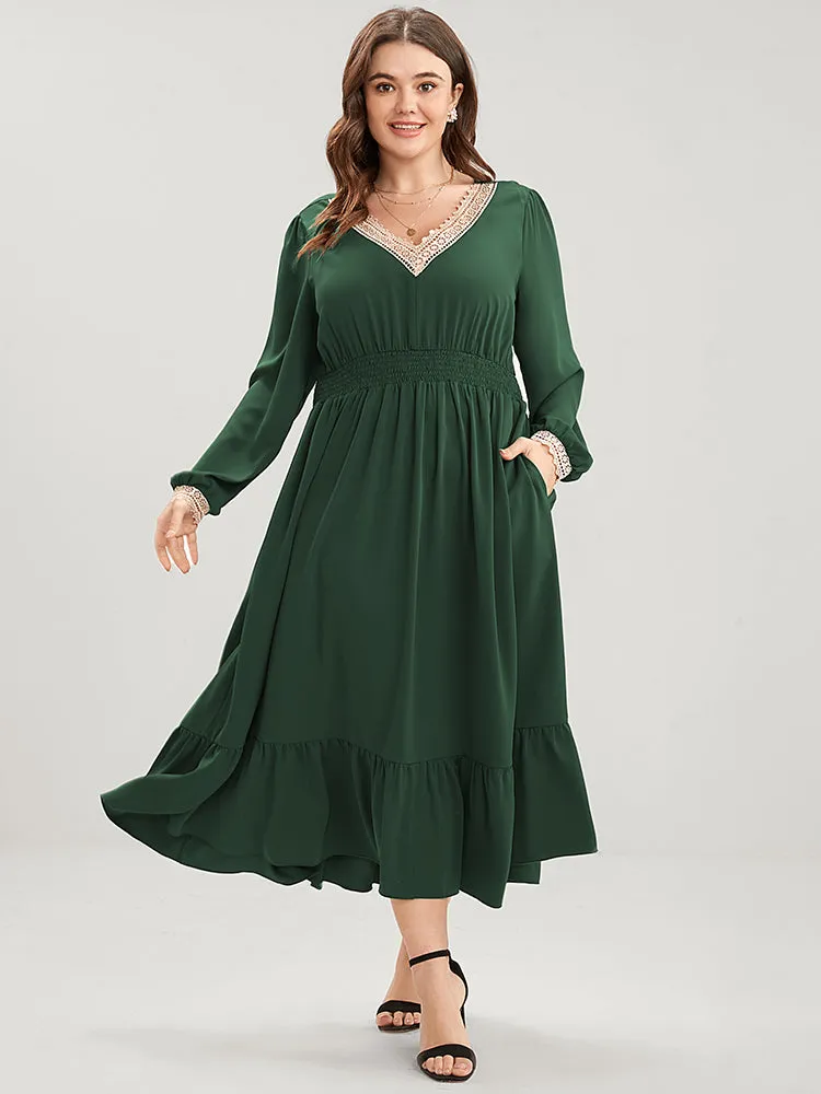 Solid Lantern Sleeve Shirred Pocket Lace Trim Ruffle Hem Dress sold by Bloomchic product image thumbnail 3