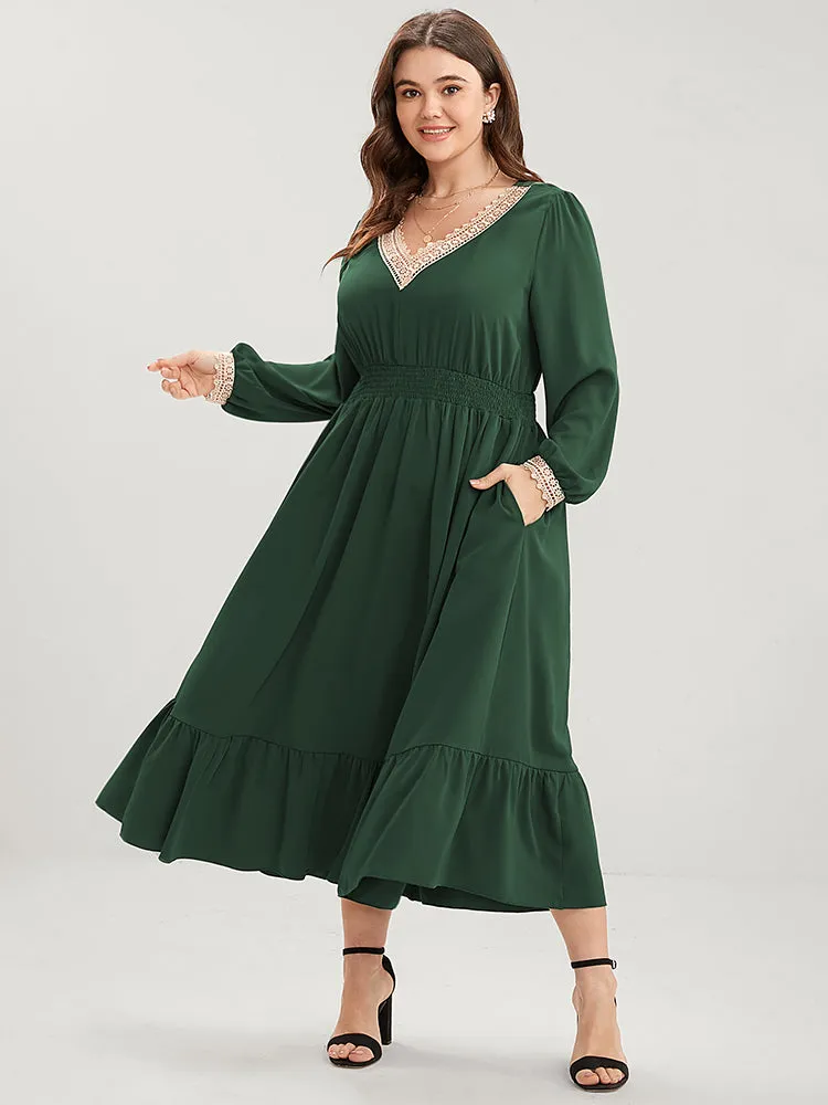 Solid Lantern Sleeve Shirred Pocket Lace Trim Ruffle Hem Dress sold by Bloomchic