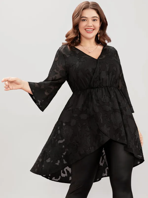 Floral Mesh Surplice Neck High Low Hem Blouse sold by Bloomchic