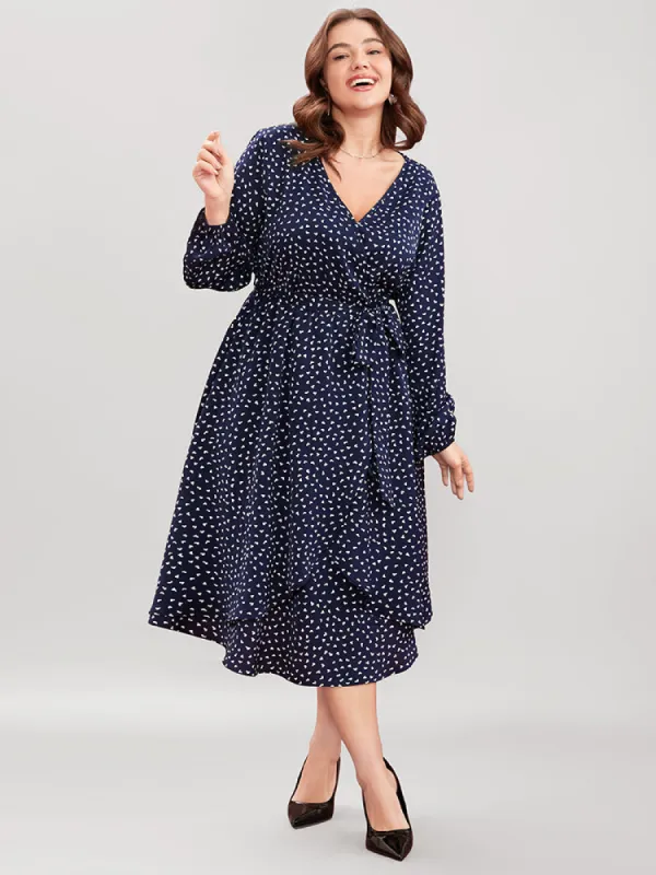 Heart Print Surplice Neck Pocket Asymmetrical Belted Flutter Dress sold by Bloomchic