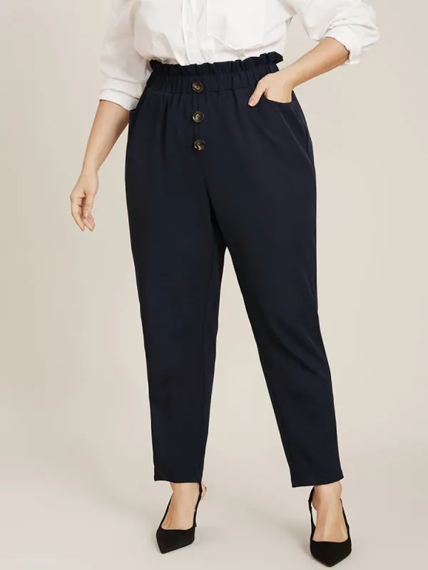 Solid Paperbag Waist Button Detail Pocket Pants sold by Bloomchic