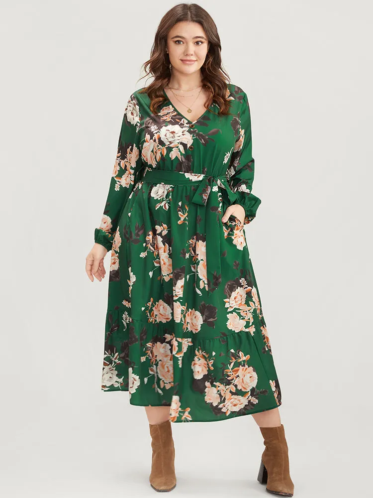 Floral Print Lantern Sleeve Button Detail Pocket Belted Dress sold by Bloomchic product image thumbnail 3