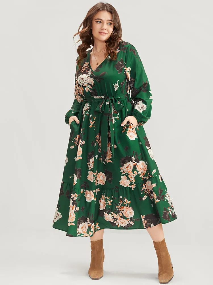 Floral Print Lantern Sleeve Button Detail Pocket Belted Dress sold by Bloomchic