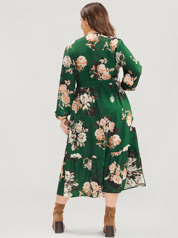 Floral Print Lantern Sleeve Button Detail Pocket Belted Dress sold by Bloomchic product image thumbnail 5