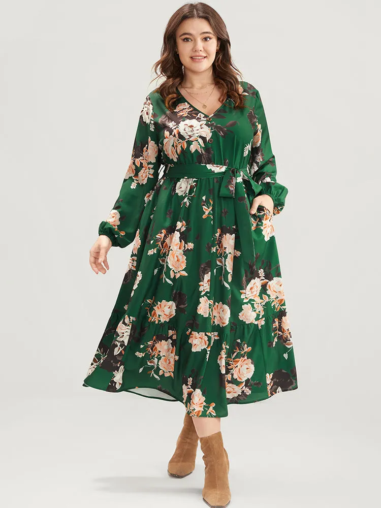 Floral Print Lantern Sleeve Button Detail Pocket Belted Dress sold by Bloomchic product image thumbnail 2