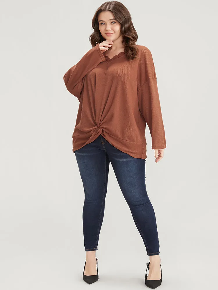 Solid V Neck Lace Trim Twist Front Sweatshirt sold by Bloomchic product image thumbnail 5