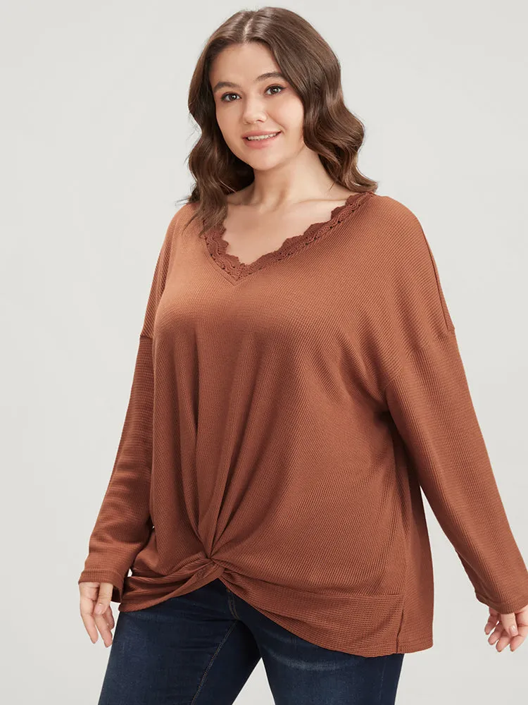 Solid V Neck Lace Trim Twist Front Sweatshirt sold by Bloomchic product image thumbnail 2