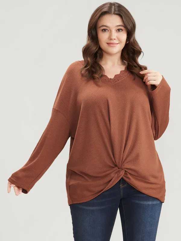 Solid V Neck Lace Trim Twist Front Sweatshirt sold by Bloomchic