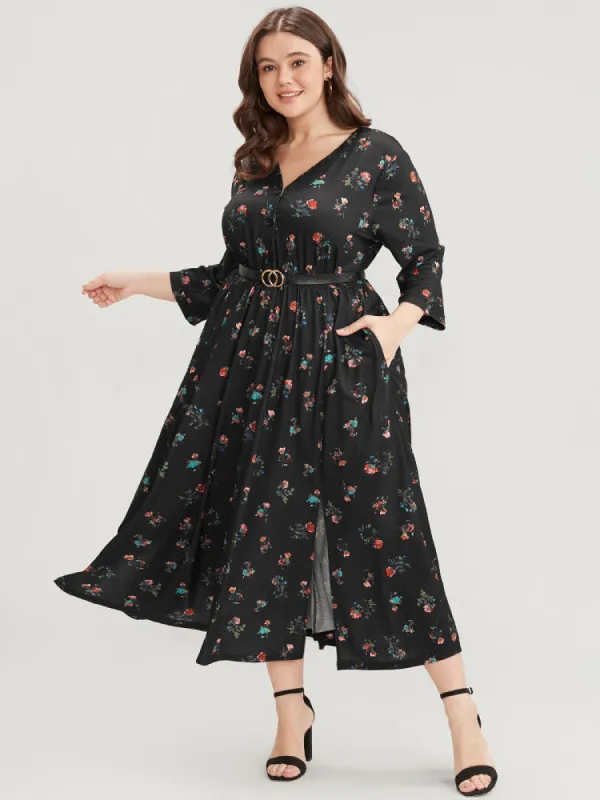 Ditsy Floral Button Up Pocket Split Hem Dress sold by Bloomchic