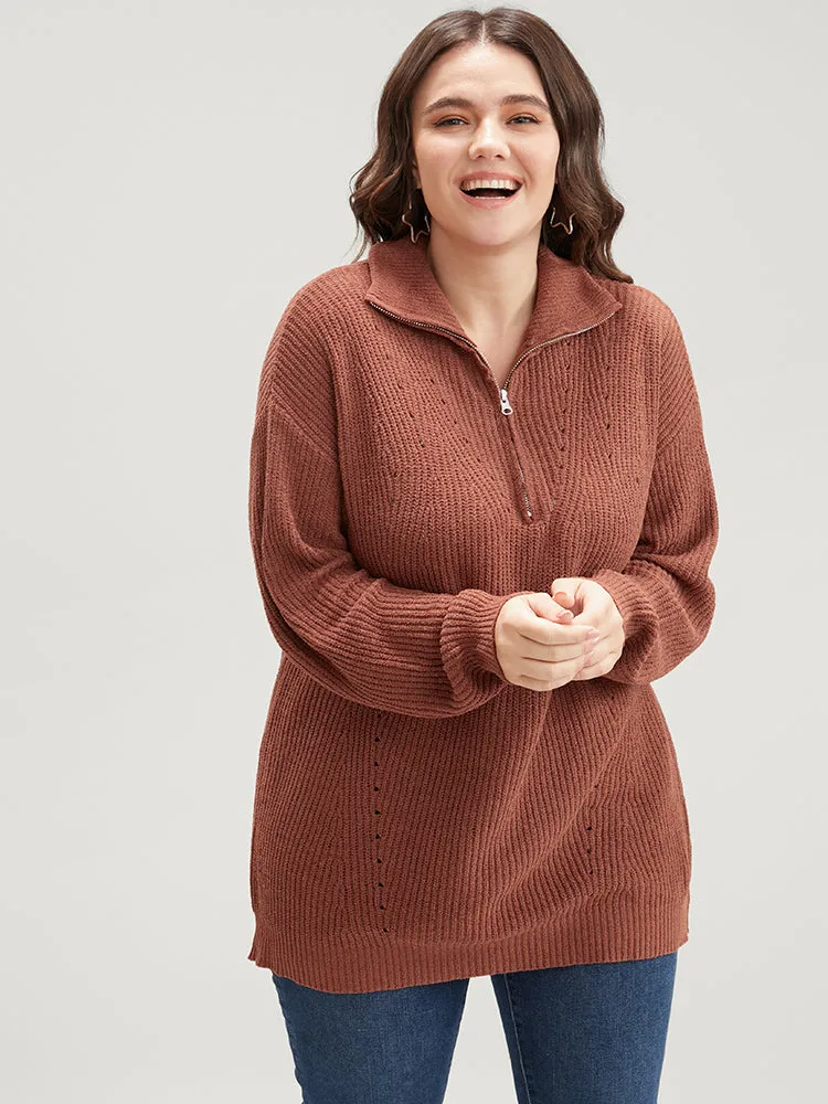 Solid Super Soft Knit Zipper Mock Neck Eyelet Knit Top sold by Bloomchic product image thumbnail 2