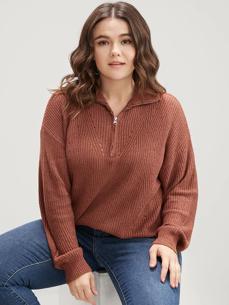 Solid Super Soft Knit Zipper Mock Neck Eyelet Knit Top sold by Bloomchic product image thumbnail 3