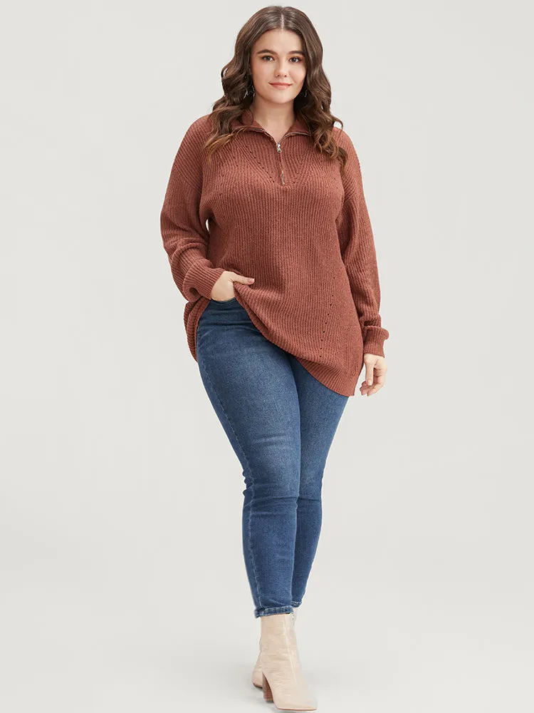 Solid Super Soft Knit Zipper Mock Neck Eyelet Knit Top sold by Bloomchic product image thumbnail 4